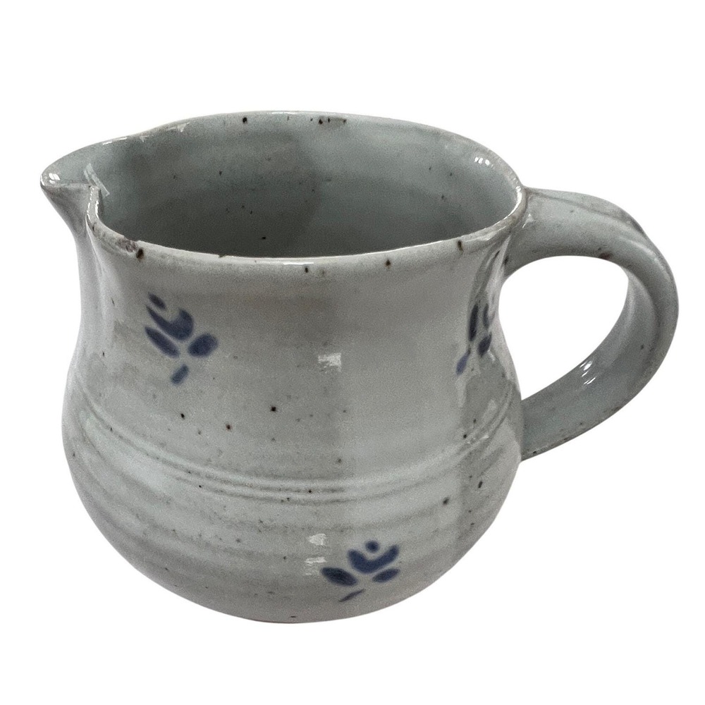 Vintage Studio Pottery Signed KH Blue Floral Salt Glaze Stoneware Creamer